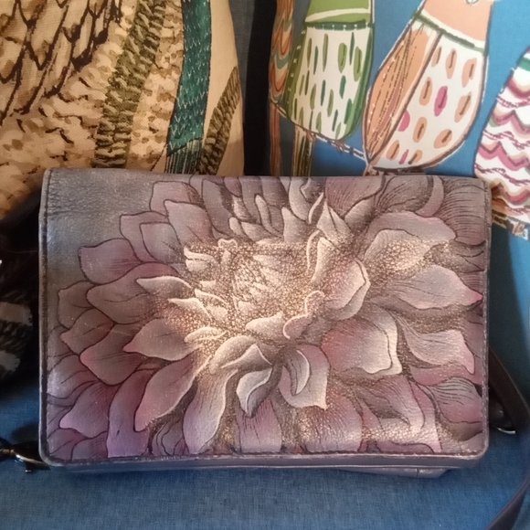 Anuschka Handbags - Anushka purple gray Crossbody Bag - purple flower on front gray in back